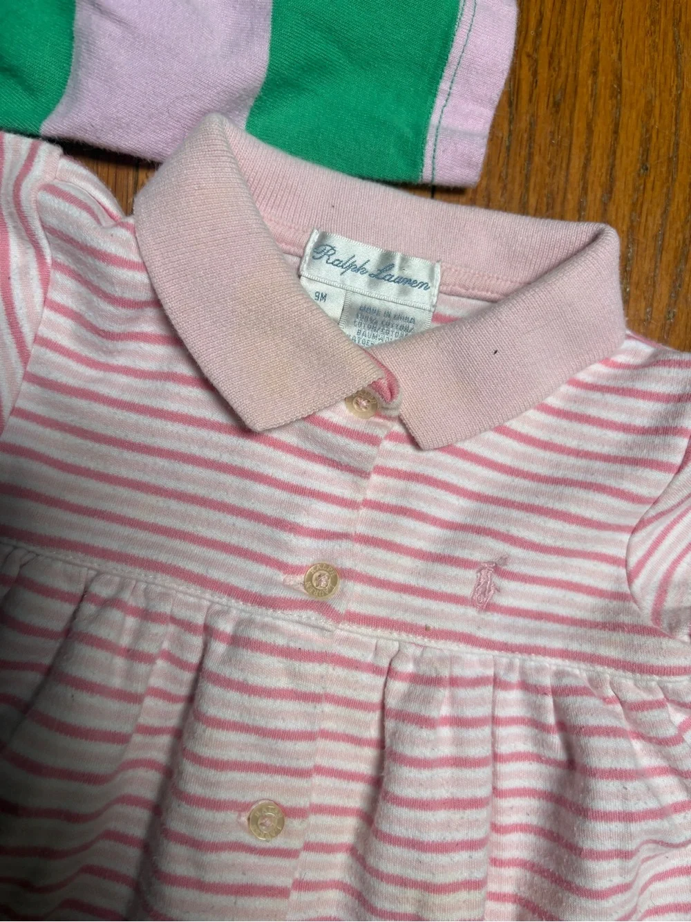 Ralph Lauren Baby Girl 2 Piece Outfit Bundle Pink Green Striped Romper Dress 9M